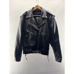 Highway Hawks Motorcycle Jacket Mens XL Black Leather Full Zip Retro Biker Coat